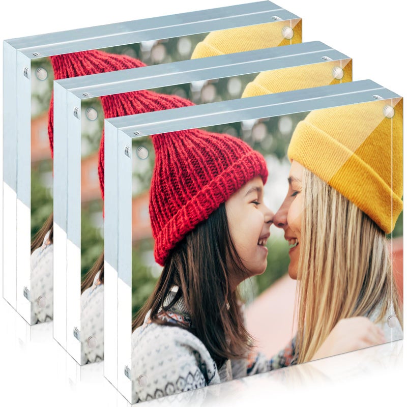 ILYXY 3 Pack Acrylic Frame 5x5  20% Thicker  20mm Thick Frameless Clear Picture Frame  Double Sided Magnetic Photo Frame  Free Standing Desktop Display Stand Acrylic Picture Frames - Image 1