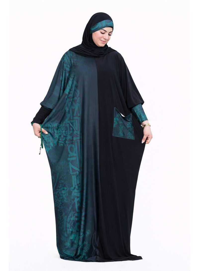 SATR HIJABI Women Printed Isdal Prayer Set – Full Coverage 2-Piece Prayer Outfit with Pocket, Soft Breathable Modest Islamic Wear Black Green - Image 1