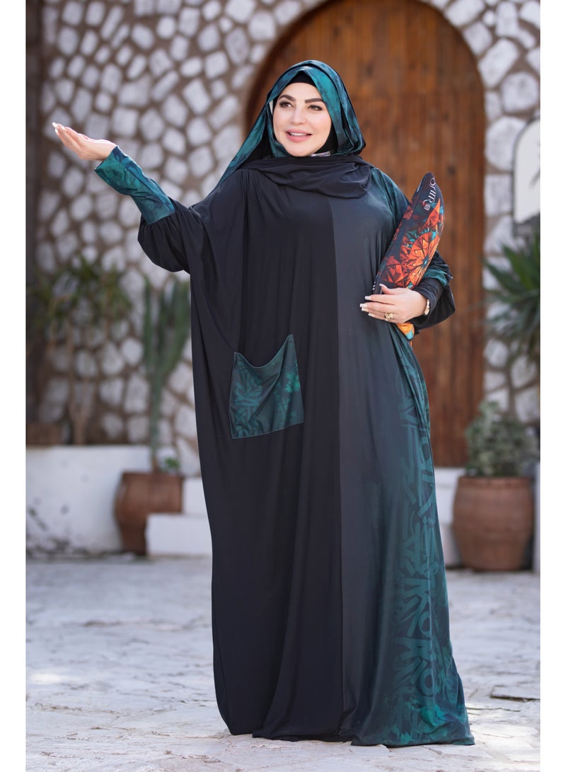 SATR HIJABI Women Printed Isdal Prayer Set – Full Coverage 2-Piece Prayer Outfit with Pocket, Soft Breathable Modest Islamic Wear Black Green - Image 5