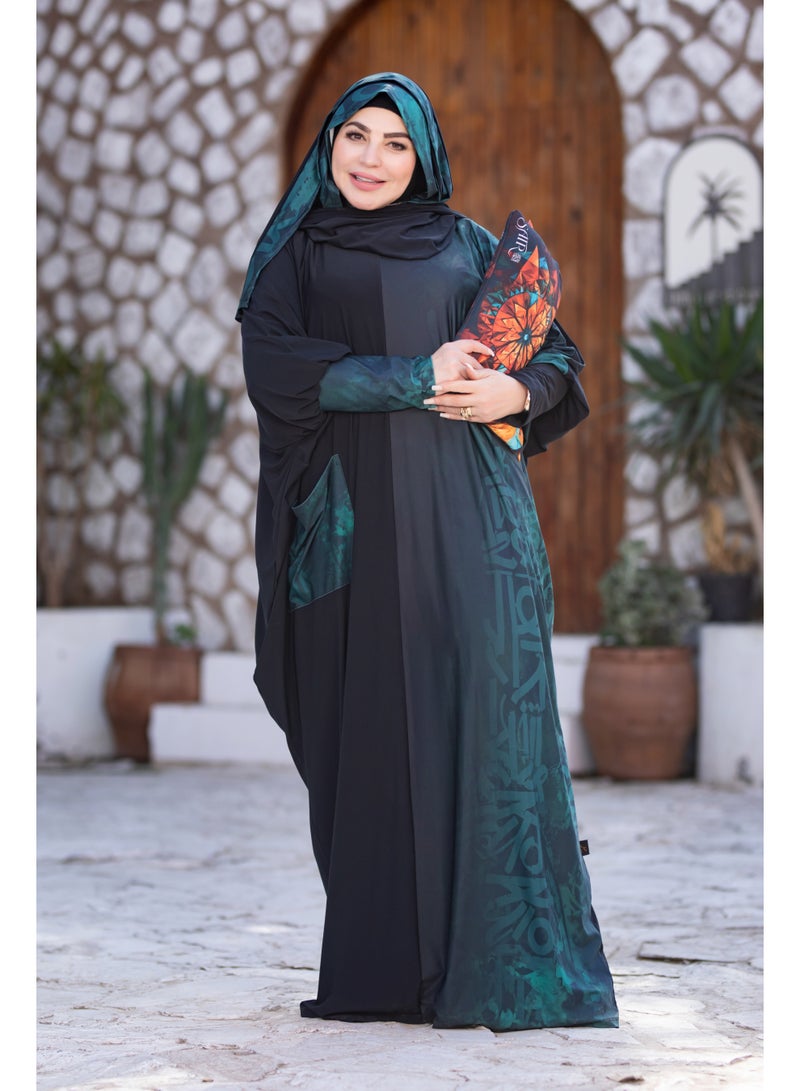 SATR HIJABI Women Printed Isdal Prayer Set – Full Coverage 2-Piece Prayer Outfit with Pocket, Soft Breathable Modest Islamic Wear Black Green - Image 4