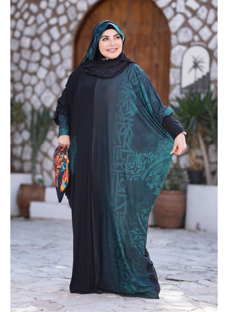 SATR HIJABI Women Printed Isdal Prayer Set – Full Coverage 2-Piece Prayer Outfit with Pocket, Soft Breathable Modest Islamic Wear Black Green - Image 2