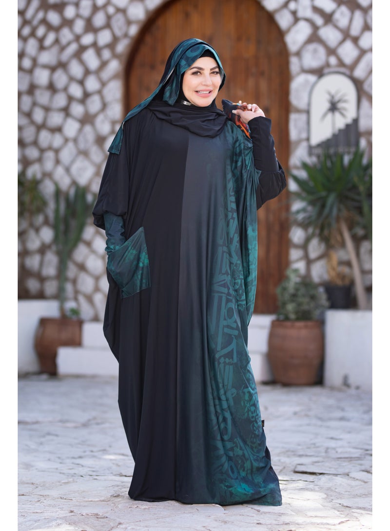 SATR HIJABI Women Printed Isdal Prayer Set – Full Coverage 2-Piece Prayer Outfit with Pocket, Soft Breathable Modest Islamic Wear Black Green - Image 3