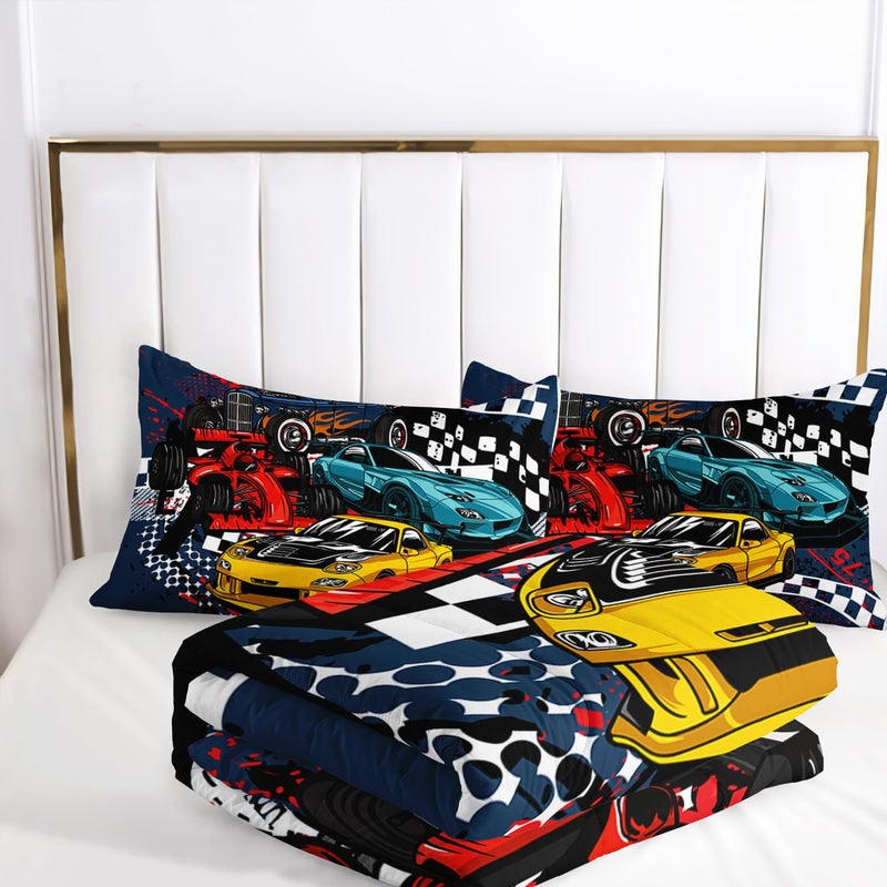 AILONEN Racing Car Comforter Set Queen Size, Cool Speed Race Car Bedding Sets for Kids Boys,Automobile Extreme Sport Duvet Set,Checkered Squares Quilt Set,3 Pieces,1 Quilt and 2 Pillowcases,Microfibre - Image 5