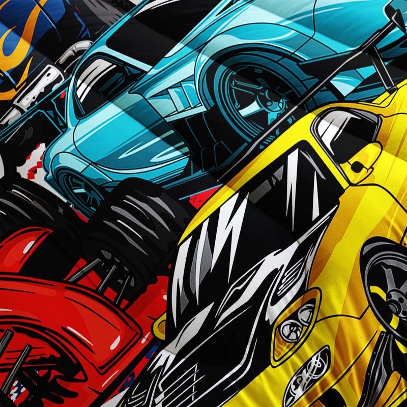 AILONEN Racing Car Comforter Set Queen Size, Cool Speed Race Car Bedding Sets for Kids Boys,Automobile Extreme Sport Duvet Set,Checkered Squares Quilt Set,3 Pieces,1 Quilt and 2 Pillowcases,Microfibre - Image 3