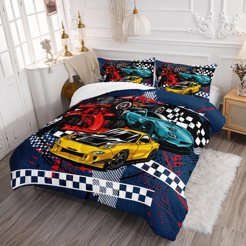 AILONEN Racing Car Comforter Set Queen Size, Cool Speed Race Car Bedding Sets for Kids Boys,Automobile Extreme Sport Duvet Set,Checkered Squares Quilt Set,3 Pieces,1 Quilt and 2 Pillowcases,Microfibre - Image 2