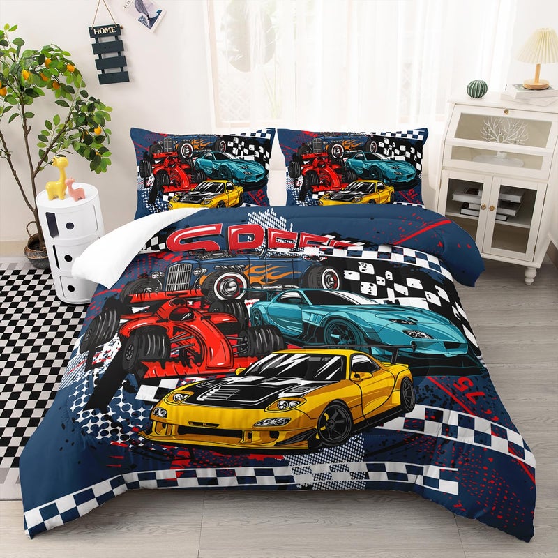 AILONEN Racing Car Comforter Set Queen Size, Cool Speed Race Car Bedding Sets for Kids Boys,Automobile Extreme Sport Duvet Set,Checkered Squares Quilt Set,3 Pieces,1 Quilt and 2 Pillowcases,Microfibre - Image 1