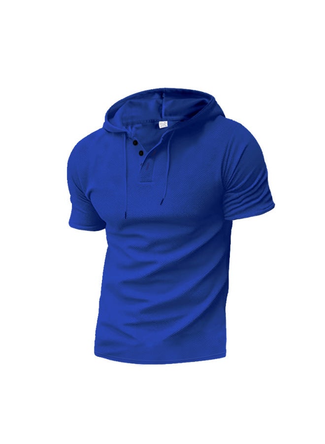 Summer New Men's Waffle Hooded Drawstring Half-open Button Casual Trendy Short Sleeve T-shirt