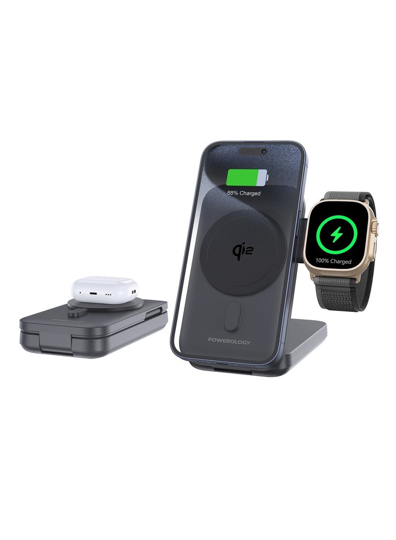 Powerology 10000 mAh 3 in 1 MagSafe Power Bank 10000mAh Qi2 with Watch Charger – 15W Wireless Fast Charging & 20W PD Fast Charging Powerbank - Black - Image 1