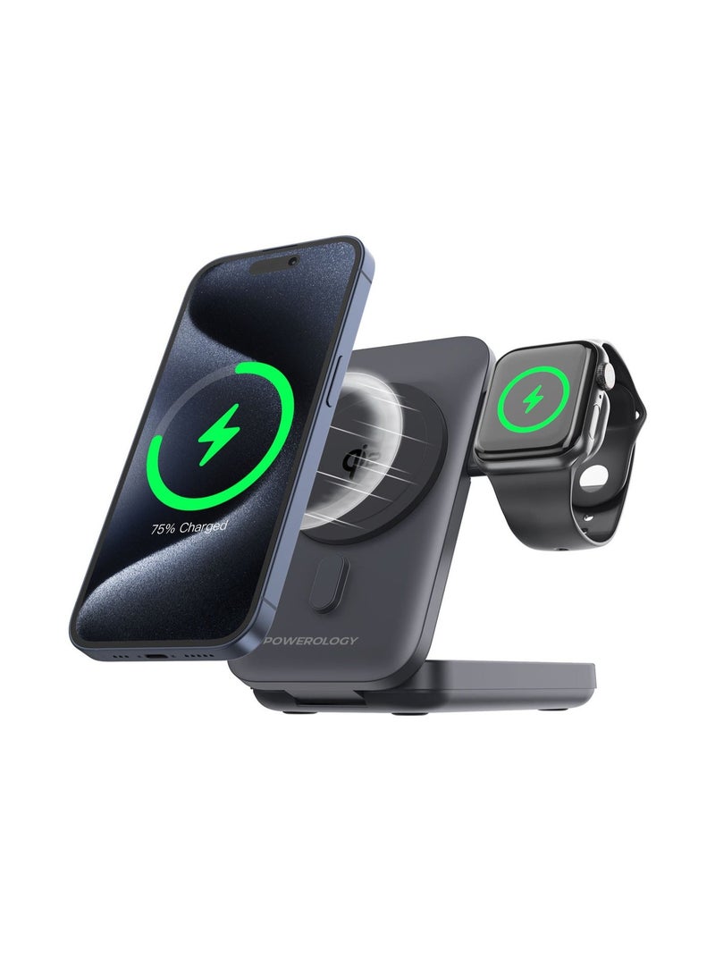 Powerology 10000 mAh 3 in 1 MagSafe Power Bank 10000mAh Qi2 with Watch Charger – 15W Wireless Fast Charging & 20W PD Fast Charging Powerbank - Black - Image 2