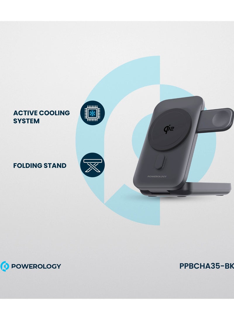 Powerology 10000 mAh 3 in 1 MagSafe Power Bank 10000mAh Qi2 with Watch Charger – 15W Wireless Fast Charging & 20W PD Fast Charging Powerbank - Black - Image 4