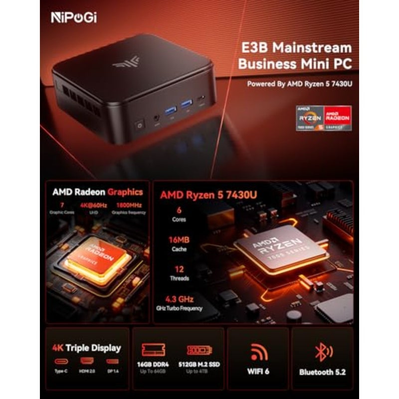 كمبيوتر صغير E3B AMD Ryzen 5 7430U يصل إلى 4.3 جيجا هرتز 6C/12T كمبيوتر صغير 32 جيجا DDR4 512 جيجا M.2 SSD كمبيوتر صغير Windows 11 Pro 4K شاشة ثلاثية/WiFi 6/BT5.2/USB3.2 كمبيوتر مكتبي صغير للمكتب/الأعمال - Image 3