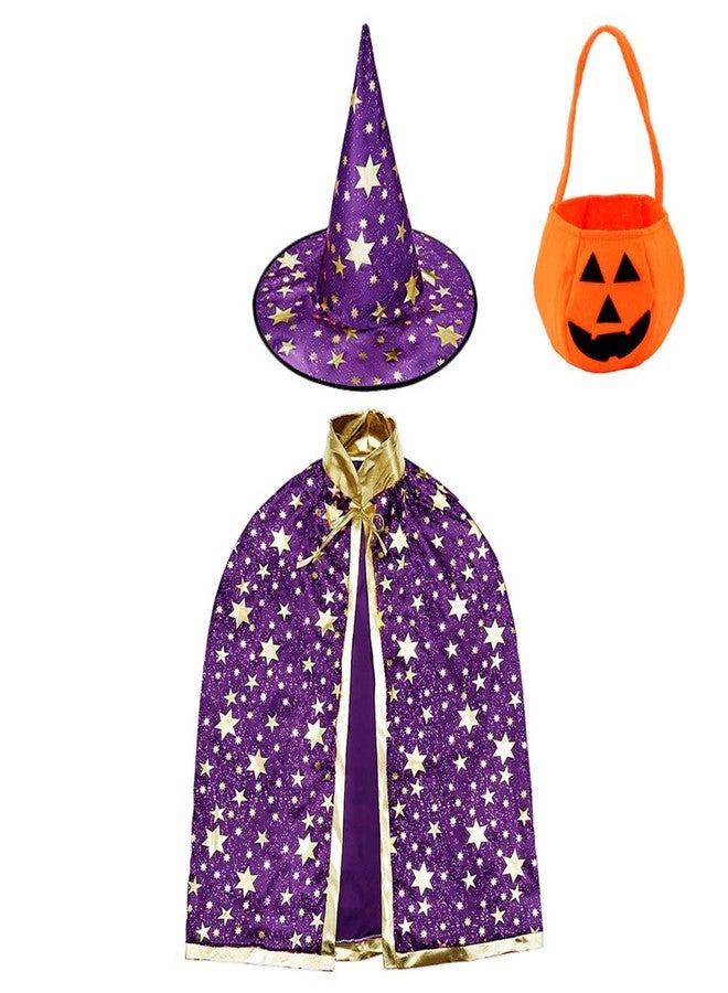 Jackcell Wizard Cape Witch Cloak with Hat and Pumpkin Bag, Halloween Costume Props for Kids Cosplay Party - Image 1