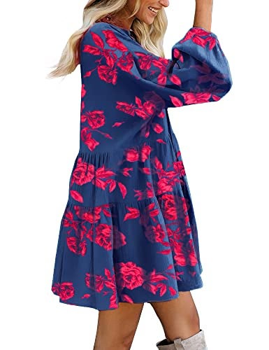 FANCYINN Womens Floral Shift Tunic Dress Long Sleeve Cover Up V Neck Ruffle Swing Chiffon Floral Prints Mini Dress Red Flower Pockets M - Image 4