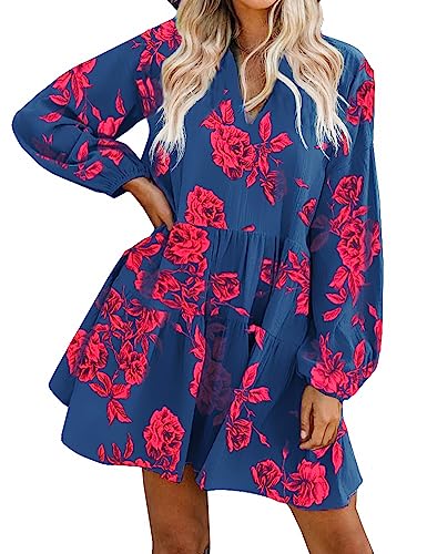 FANCYINN Womens Floral Shift Tunic Dress Long Sleeve Cover Up V Neck Ruffle Swing Chiffon Floral Prints Mini Dress Red Flower Pockets M - Image 1