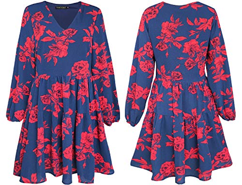 FANCYINN Womens Floral Shift Tunic Dress Long Sleeve Cover Up V Neck Ruffle Swing Chiffon Floral Prints Mini Dress Red Flower Pockets M - Image 5