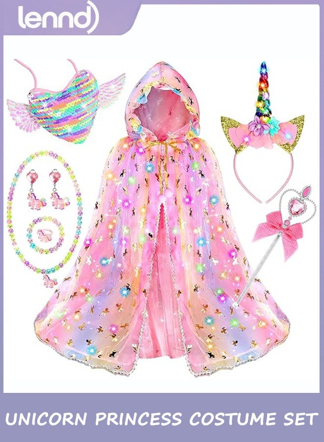 LENND Princess Dress up for Girls,Unicorn Light up Princess Cape Set,Light up Princess Dress with Unicorn Toys for Girls 3-8  Pink - Image 1