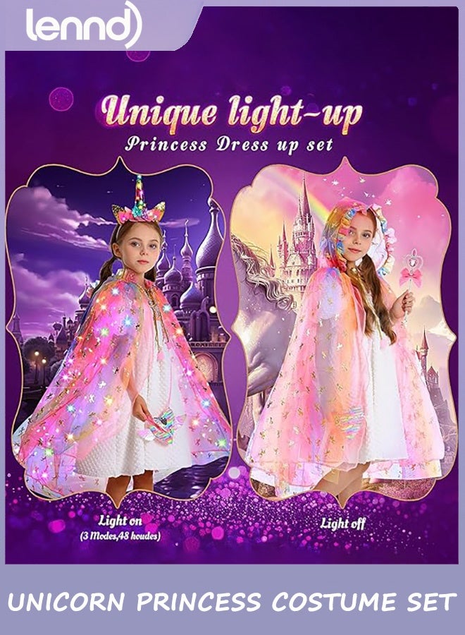 LENND Princess Dress up for Girls,Unicorn Light up Princess Cape Set,Light up Princess Dress with Unicorn Toys for Girls 3-8  Pink - Image 3