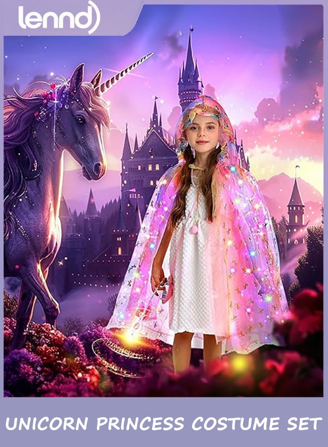 LENND Princess Dress up for Girls,Unicorn Light up Princess Cape Set,Light up Princess Dress with Unicorn Toys for Girls 3-8  Pink - Image 2