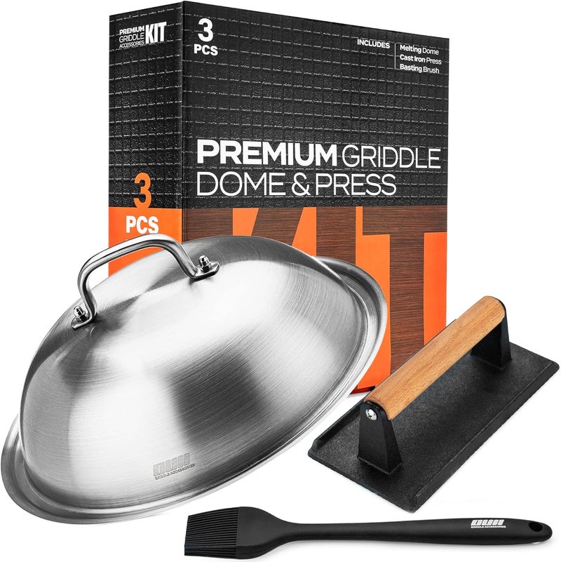 مجموعة إكسسوارات للمقلاة ذات السطح المسطح لماركات Blackstone و Camp Chef - غطاء دائري مقاوم للصدأ بقطر 12 بوصة، مزود بقمع لذوبان الجبن، ومكبس للبرجر والبيكون، بالإضافة إلى فرشاة لدهن المقلاة. - Image 1
