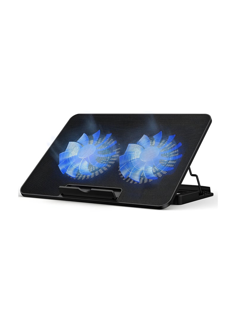 Generic A2 Dual Fan 140mm Laptop Fan with 6 Height Settings, Blue LED Lighting, and 2 USB Ports, 20,000 Hours of Fan Life - Black  - Image 1