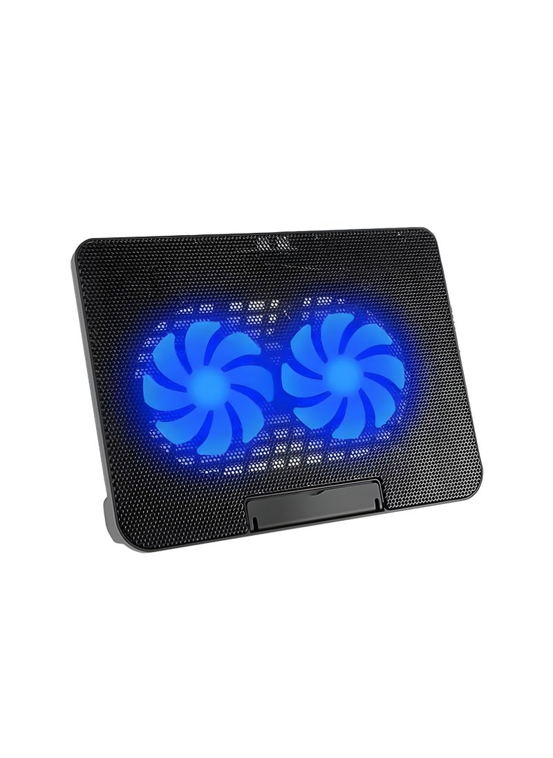 Generic A2 Dual Fan 140mm Laptop Fan with 6 Height Settings, Blue LED Lighting, and 2 USB Ports, 20,000 Hours of Fan Life - Black  - Image 2