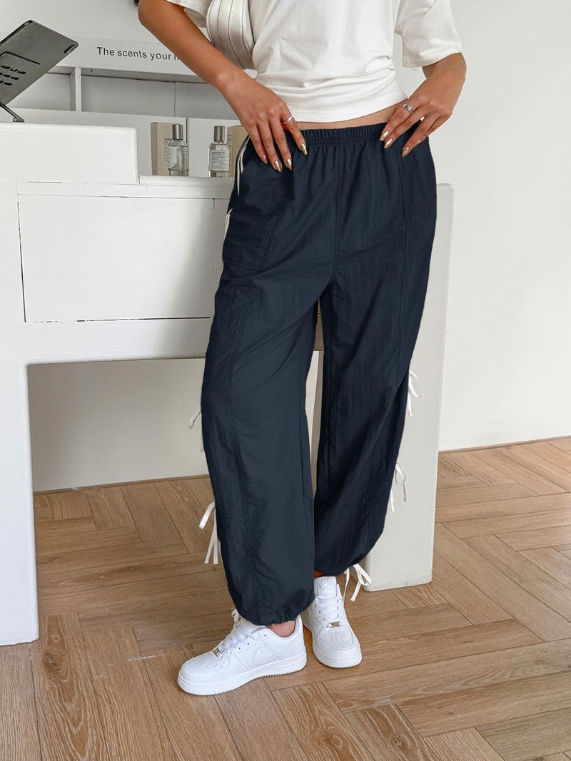 Fisoew Womens Wide Leg Track Pants Casual Elastic Waist Bow Tie Y2K Baggy Sweatpants with Pockets Navy - Image 5