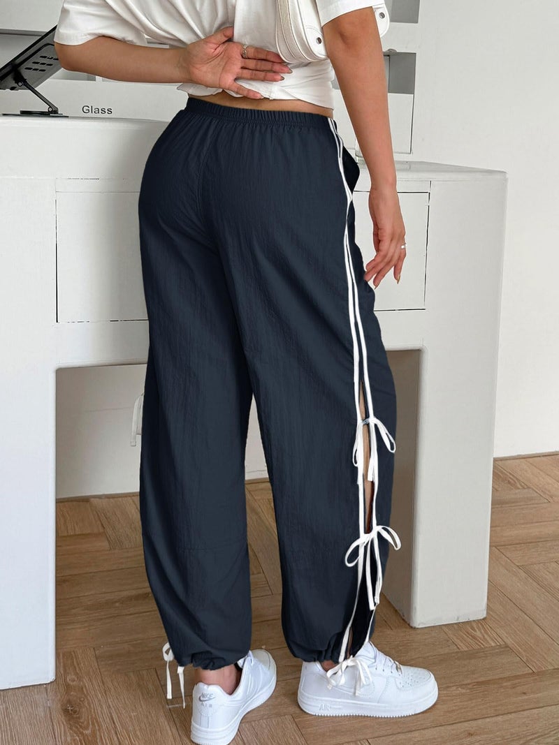 Fisoew Womens Wide Leg Track Pants Casual Elastic Waist Bow Tie Y2K Baggy Sweatpants with Pockets Navy - Image 4
