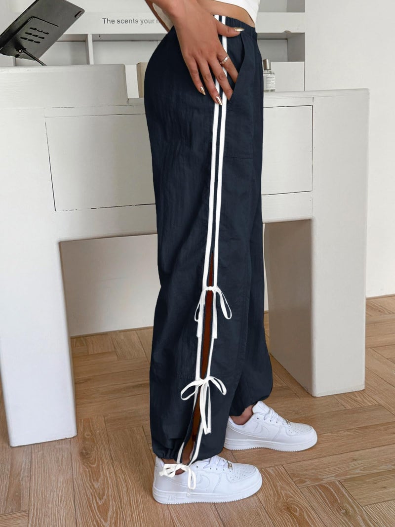 Fisoew Womens Wide Leg Track Pants Casual Elastic Waist Bow Tie Y2K Baggy Sweatpants with Pockets Navy - Image 3