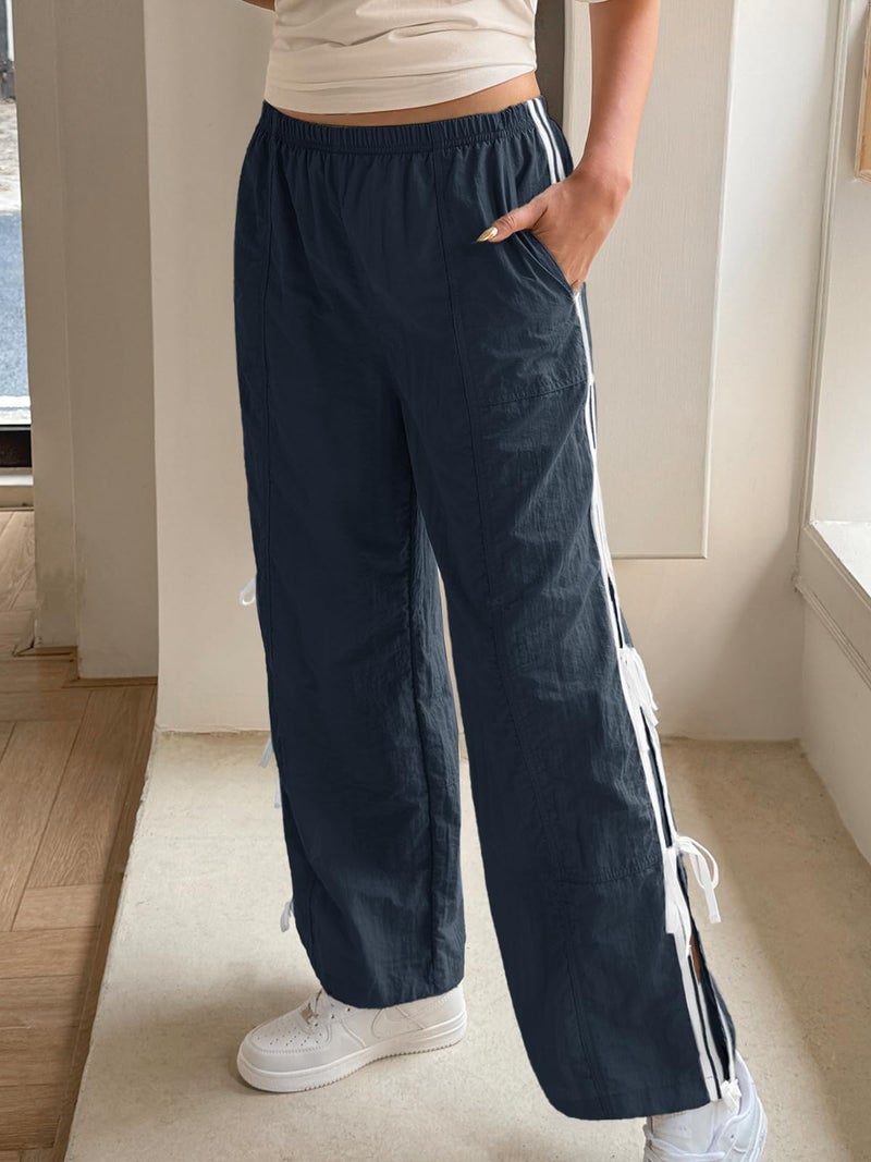 Fisoew Womens Wide Leg Track Pants Casual Elastic Waist Bow Tie Y2K Baggy Sweatpants with Pockets Navy - Image 2