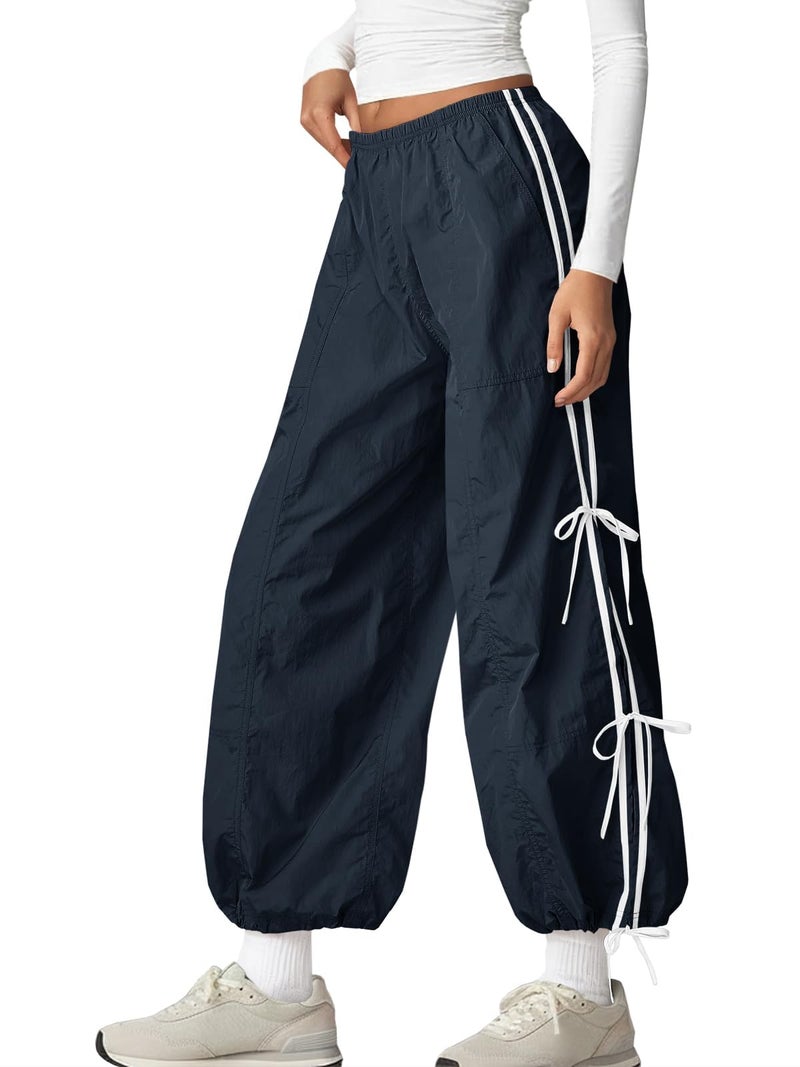 Fisoew Womens Wide Leg Track Pants Casual Elastic Waist Bow Tie Y2K Baggy Sweatpants with Pockets Navy - Image 1