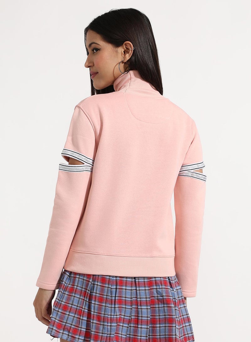 Campus Sutra Women's Light Pink Pullover Sweatshirt With Cut-Out Sleeves  - Image 5