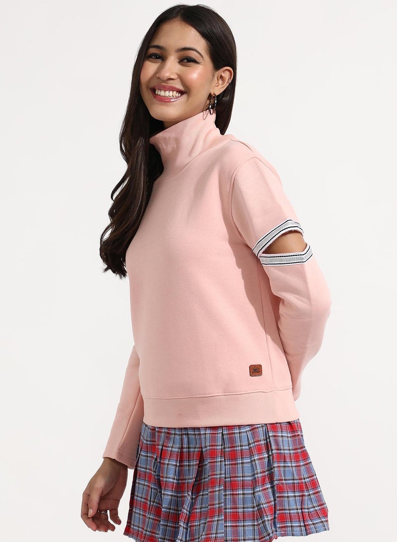 Campus Sutra Women's Light Pink Pullover Sweatshirt With Cut-Out Sleeves  - Image 3