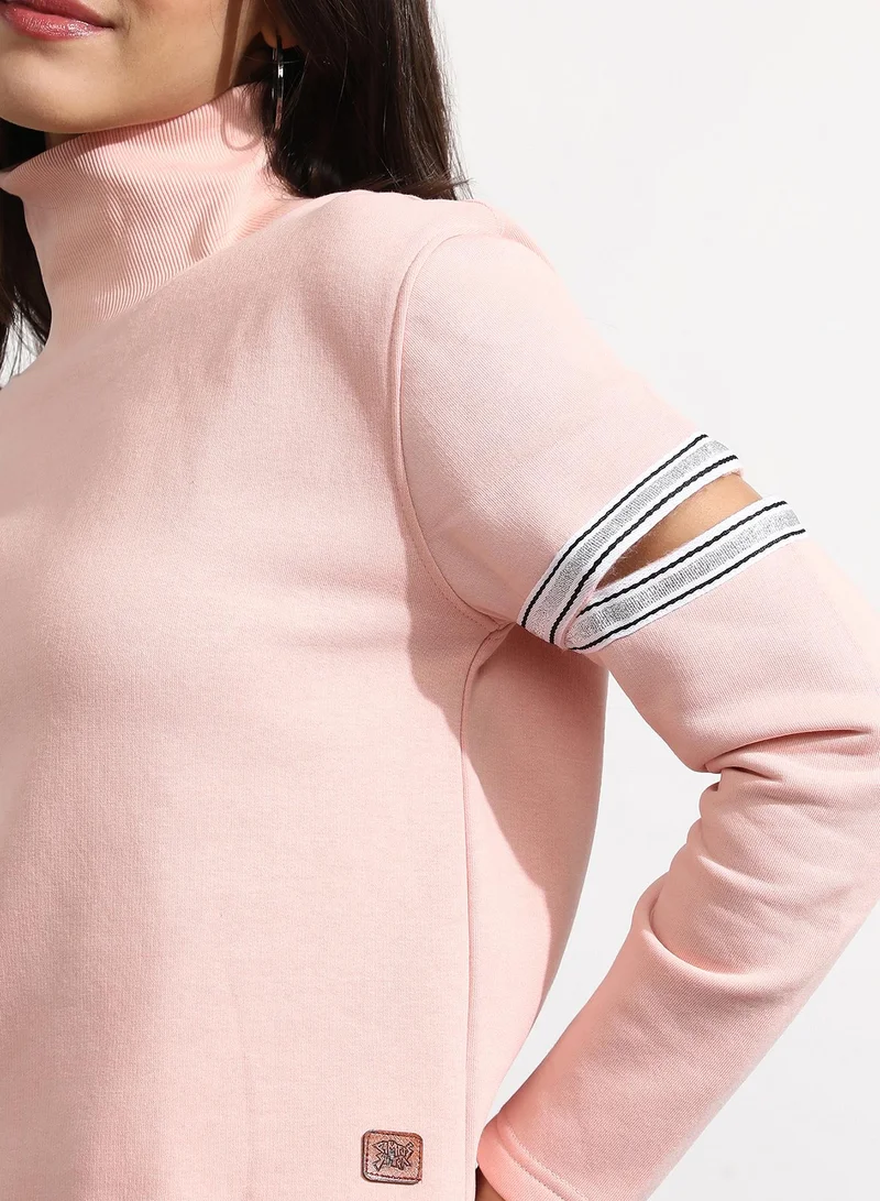 Campus Sutra Women's Light Pink Pullover Sweatshirt With Cut-Out Sleeves