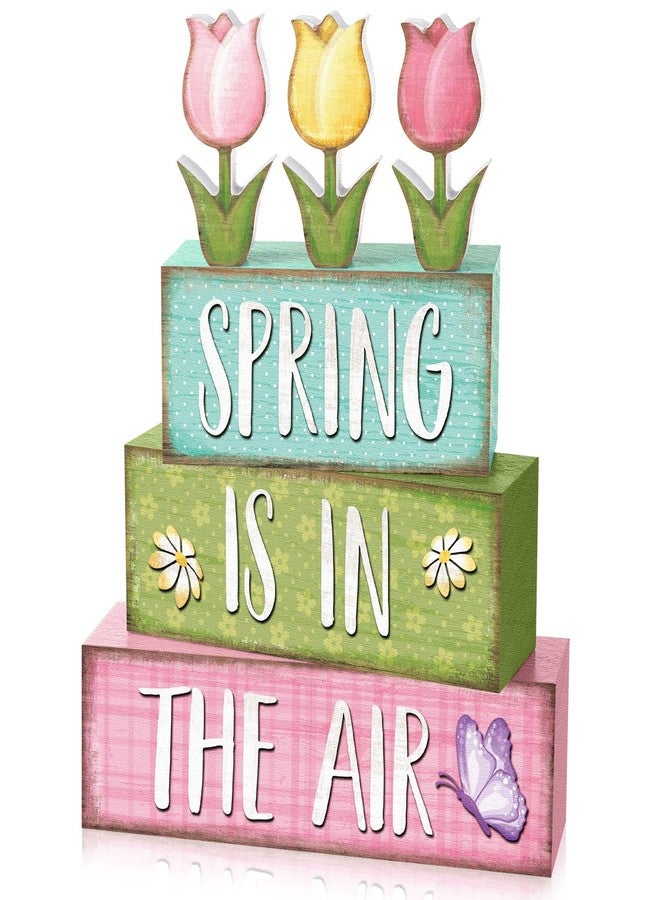 Marsui 4 Pcs Spring Wooden Tabletop Decor Spring Retro Tiered Tray Decor Hello Spring Wood Flower Block Sign for Home Centerpiece Farmhouse Decor - Image 1