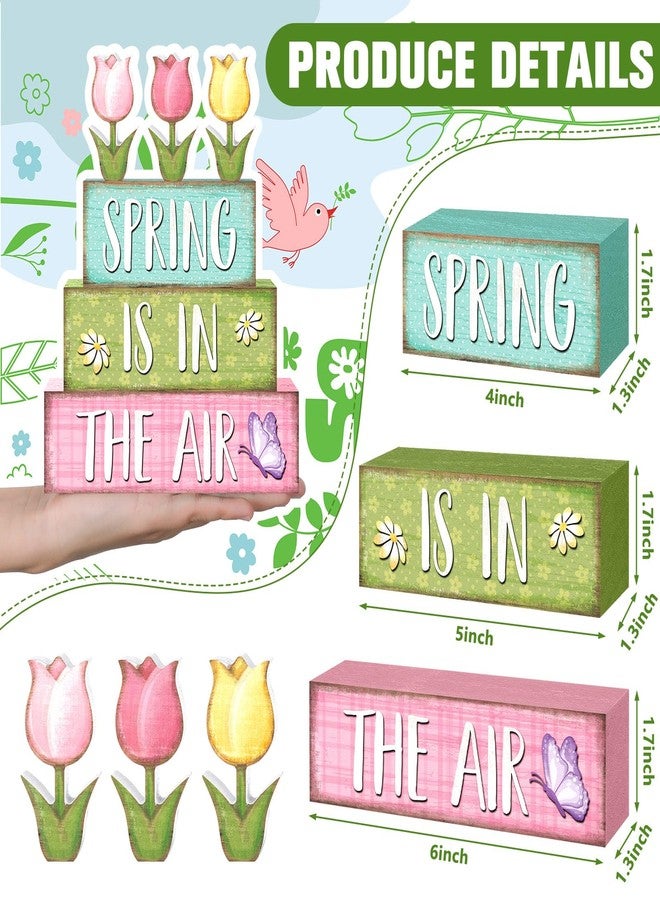 Marsui 4 Pcs Spring Wooden Tabletop Decor Spring Retro Tiered Tray Decor Hello Spring Wood Flower Block Sign for Home Centerpiece Farmhouse Decor - Image 3