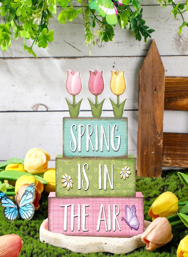 Marsui 4 Pcs Spring Wooden Tabletop Decor Spring Retro Tiered Tray Decor Hello Spring Wood Flower Block Sign for Home Centerpiece Farmhouse Decor - Image 2