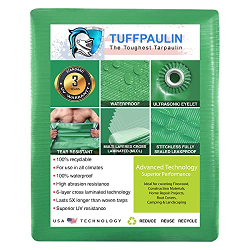 TUFFPAULIN Plastic 15Ft X 9Ft 120 GSM Green Tarpaulin Tirpal Tadpatri Tharpai Thadika,Extra Strong,Reinforced Eyelets,Uv Resistant,100% Waterproof Virgin,6 Layer Mlcl 3D Rib Technology-1 No. - Image 2