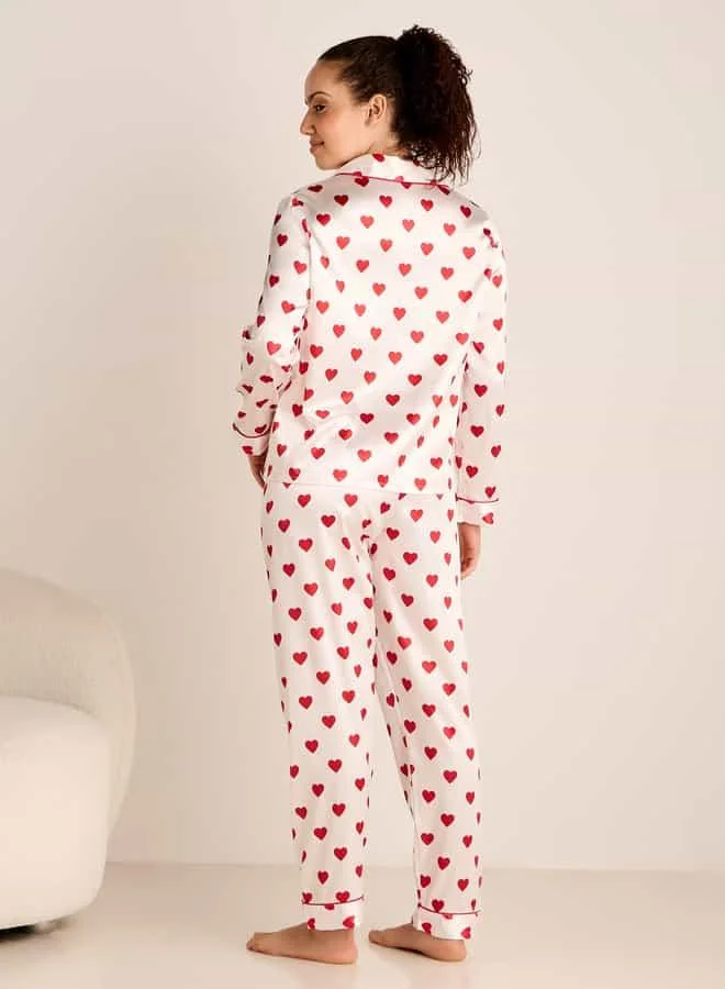Splash FAV Heart Print Long Sleeves Shirt and Pyjama Set