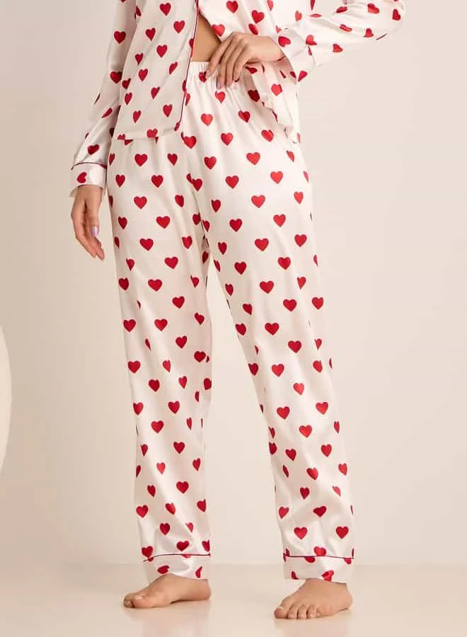Splash FAV Heart Print Long Sleeves Shirt and Pyjama Set