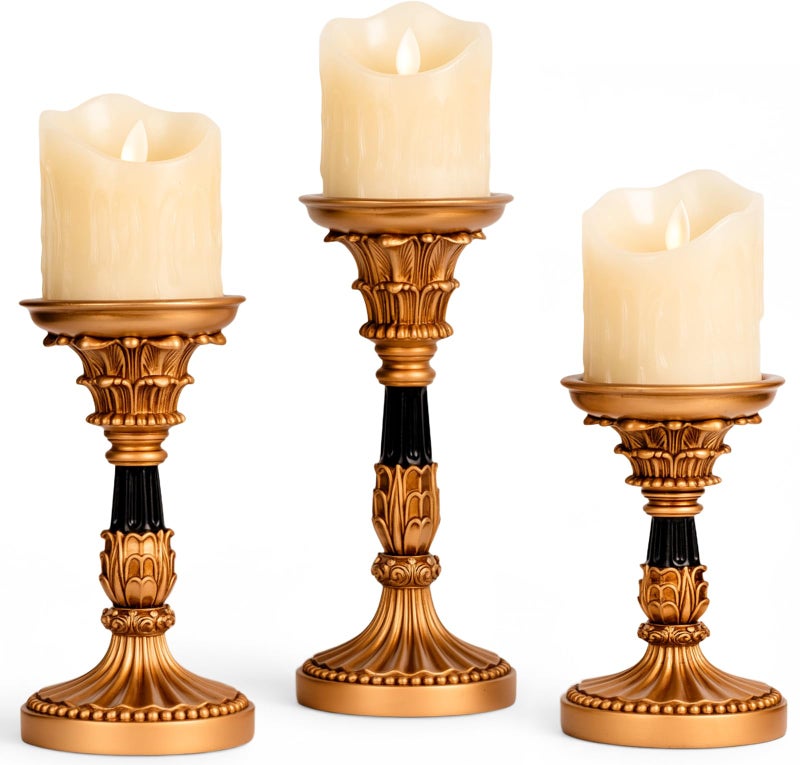 MXwcy Vintage Candle Holders Set of 3 â€“ Hand-Painted Resin Pillar Candle Stands â€“ Antique Gold Decorative Candle Holder Set for Table Centerpiece, Mantel, Wedding, and Home Decor - Image 1