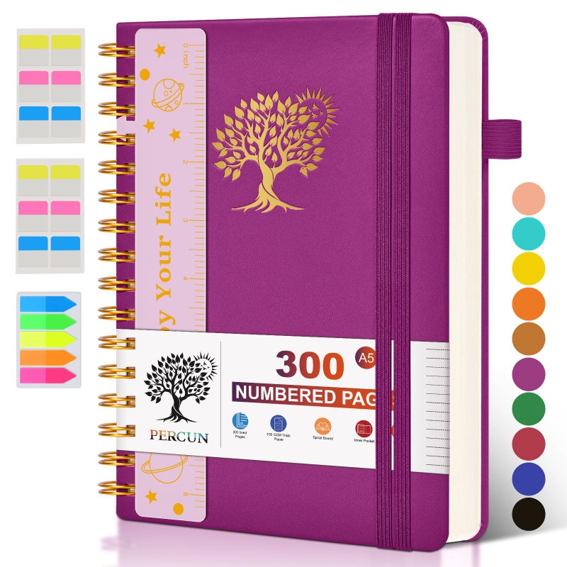 PERCUN Spiral Notebook Journal for Women Men, 300 Numbered Lined Pages, College Ruled, A5 Hardcover Spiral Bound Notebook for School, Work, Note Taking Writing, Leather Spiral Journal Medium 5.9"x8.5" - Image 1