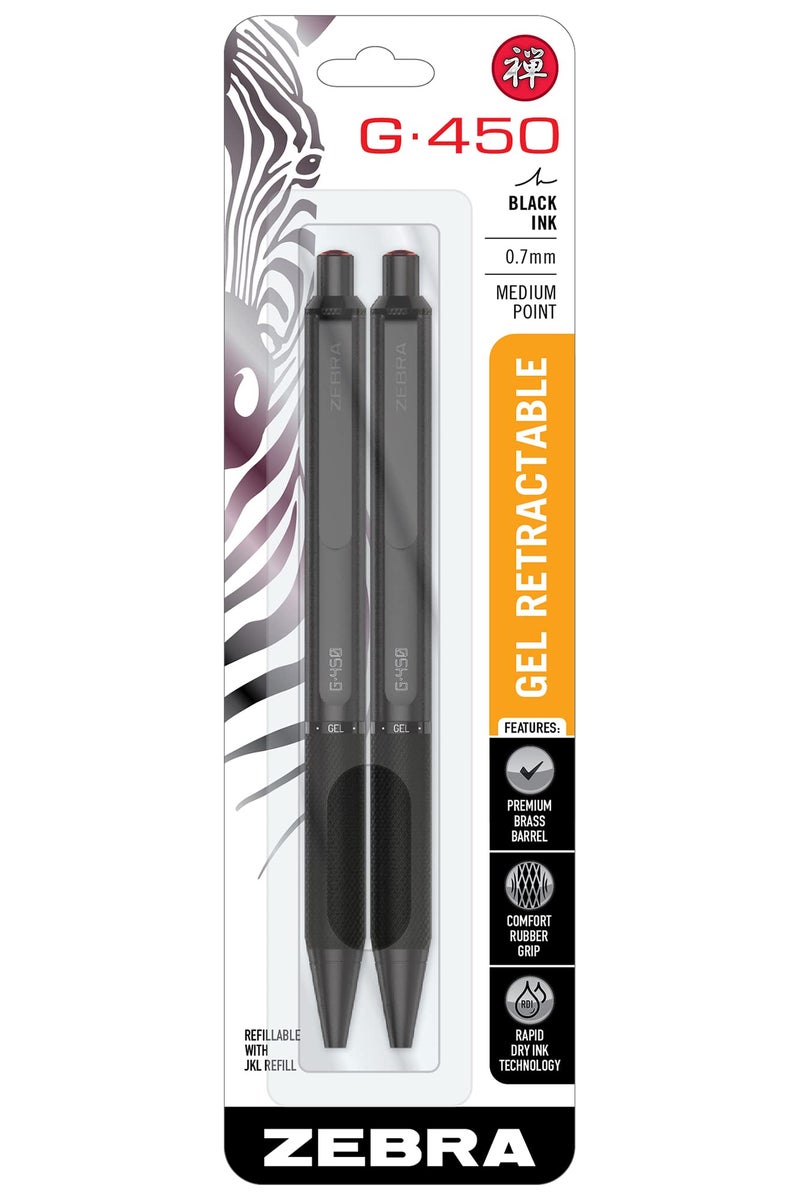 Zebra Pen G-450 Retractable Gel Pen, Black Brass Barrel, Medium Point, Black Ink, 2-Pack (49512) - Image 1