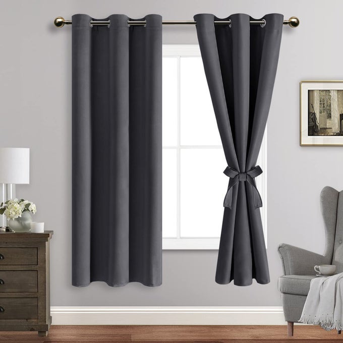 BLACKOUT CURTAINS WITH TIEBACKS THERMAL INSULATED LIGHT BLOCKING AND NOISE REDUCING GROMMET CURTAIN DRAPES FOR BEDROOM AND LIVING ROOM SET OF 2 PANELS 42 X 63 INCH LENGTH DARK GREY