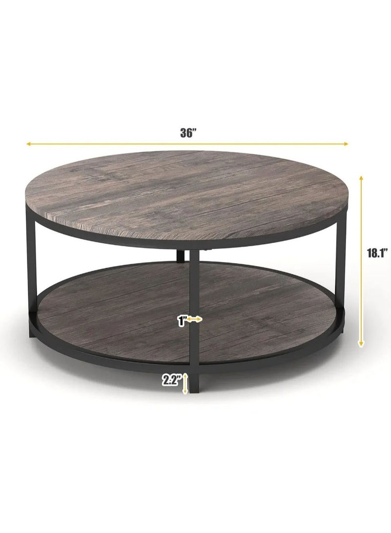 AGD Living Room Rustic Wooden Coffee Table 2 Layers Sturdy Metal Legs Table Spacious Round Top Coffee Table with Storage Shelf  - Image 4