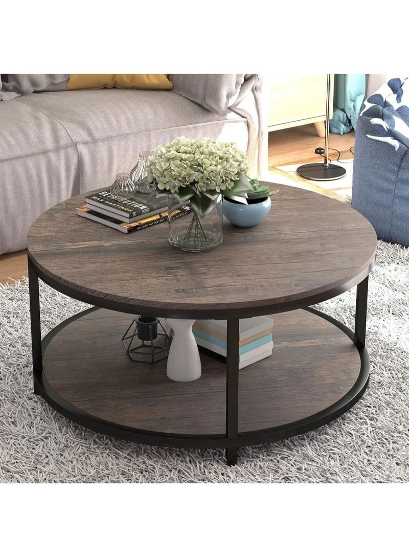 AGD Living Room Rustic Wooden Coffee Table 2 Layers Sturdy Metal Legs Table Spacious Round Top Coffee Table with Storage Shelf - Image 1