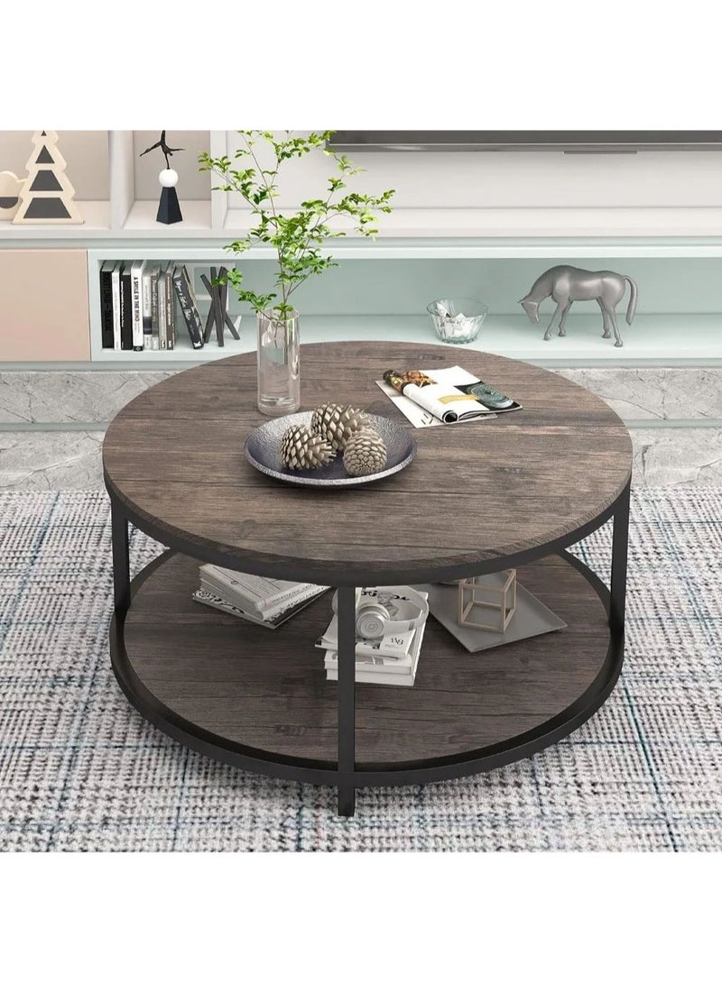 AGD Living Room Rustic Wooden Coffee Table 2 Layers Sturdy Metal Legs Table Spacious Round Top Coffee Table with Storage Shelf - Image 2