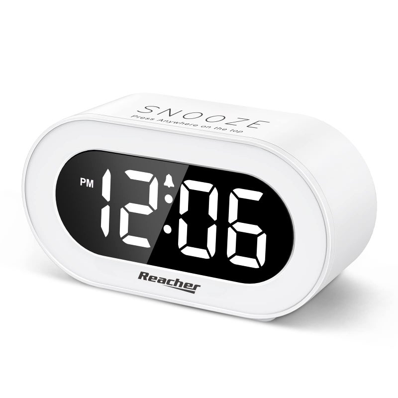 REACHER Small LED Digital Alarm Clock with Snooze Simple to Operate Full Range Brightness Dimmer Adjustable Alarm Volume Outlet Powered Compact Clock for Bedrooms Bedside Desk ShelfWhite