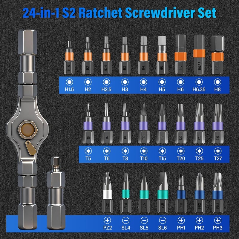 Koeutoze 24-in-1 Ratchet Screwdriver Set - Magnetic S2 Bits with Removable T-Ratchet Handle - Image 2