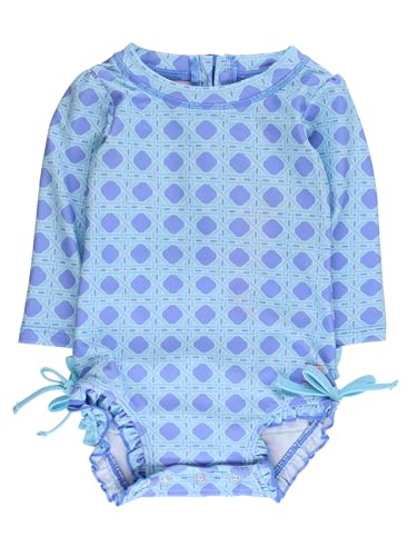 RuffleButts Baby Girls UPF 50 Sun Protection Novelty Print Long Sleeve One Piece Rash Guard Swimsuit with Zipper Periwinkle Blue Coastal Cane 612m - Image 1