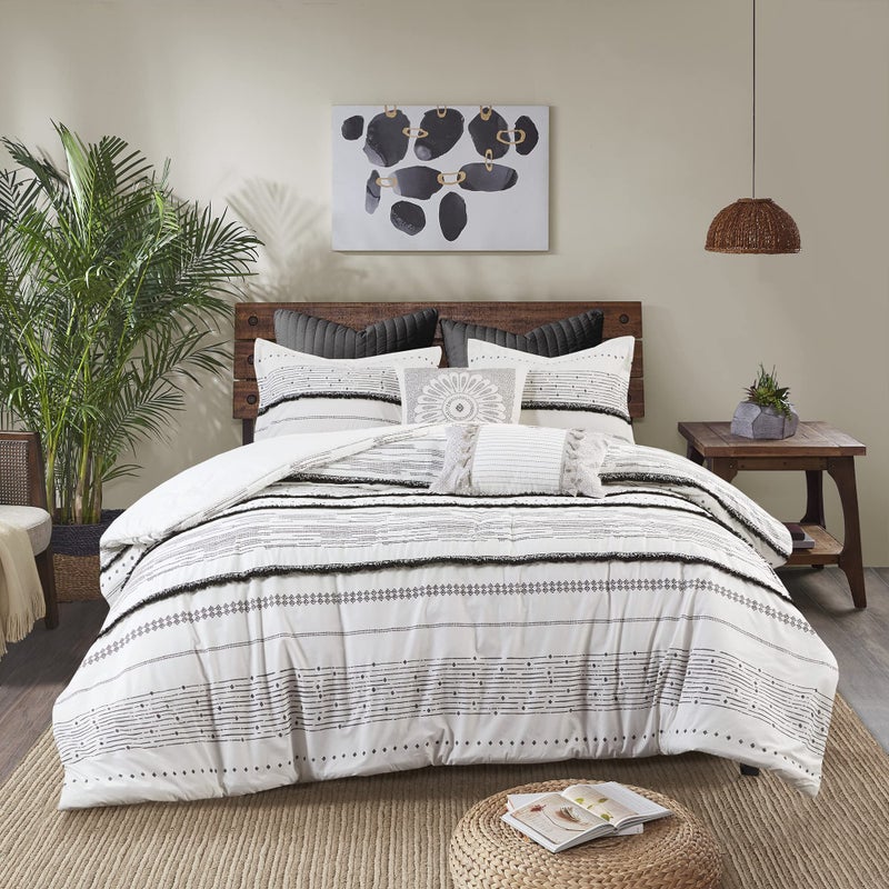 INKIVY Luxurious CottonBedding Set Mid Century Trendy Geometric Design All Season CozyCover With MatchingShams FullQueen Nea Trims BlackMulti